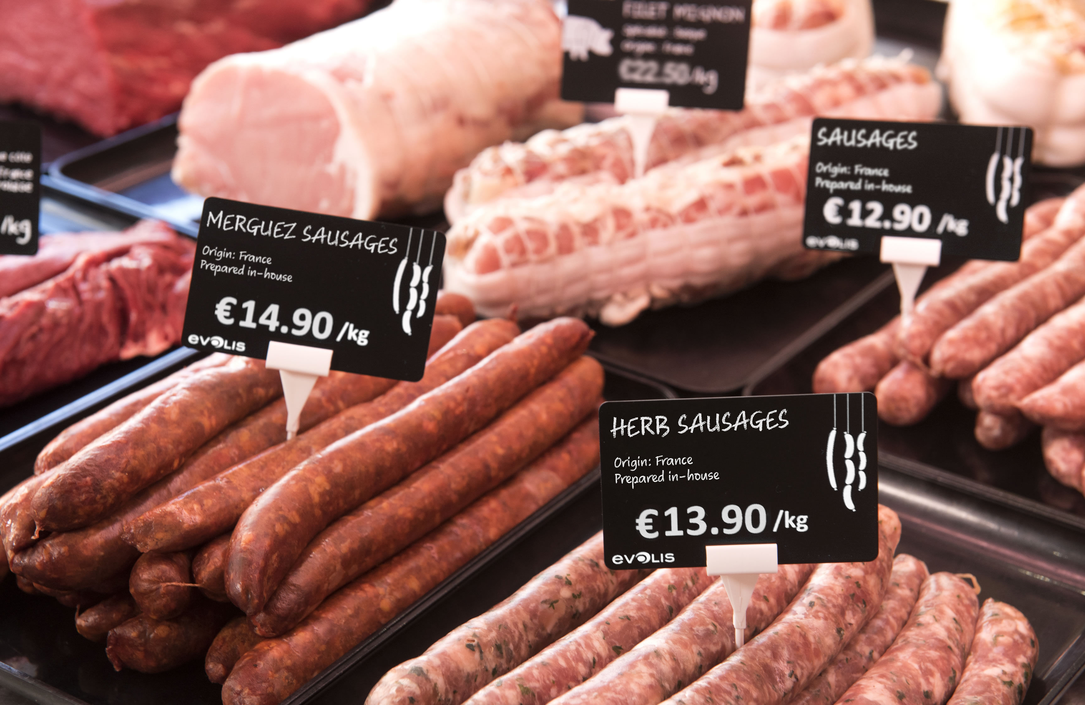 Butcher Sausages Price Tags created by Edikio plastic card printers
